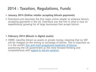 2014 : Taxation, Regulations, Funds
 January 2014 (Online retailer accepting bitcoin payments)
 Overstock.com becomes th...