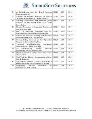 SIDDHISOFTSOLUTIONS 
21 A Cocktail Approach for Travel Package 
Recommendation 
SSS21 JAN 2014 
22 A Group Incremental Approach to Feature 
Selection Applying Rough Set Technique 
SSS22 FEB 2014 
23 Building Confidential and Efficient Query 
Services in the Cloud with RASP Data 
Perturbation 
SSS23 FEB 2014 
24 Identity Protection in Sequential Releases of 
Dynamic Networks 
SSS24 MAR 2014 
25 OCCT: A One-Class Clustering Tree for 
Implementing One-to-Many Data Linkage 
SSS25 MAR 2014 
26 E-Tree: An Efficient Indexing Structure for 
Ensemble Models on Data Streams 
SSS26 DEC 2013 
27 Privacy Policy Inference of User-Uploaded 
Images on Content Sharing Sites 
SSS27 APR 2014 
28 Temporal Workload-Aware Replicated 
Partitioning for Social Networks 
SSS28 JAN 2014 
29 An Unsupervised Feature Selection 
Framework for Social Media Data 
SSS29 APR 2014 
30 Highly comparative feature-based time-series 
classification 
SSS30 APR 2014 
31 Task Trail: An Effective Segmentation of User 
Search Behavior 
SSS31 APR 2014 
32 Approximate Shortest Distance Computing: A 
Query-Dependent Local Landmark Scheme 
SSS32 Jan 2014 
33 Supporting Privacy Protection in 
Personalized Web Search 
SSS33 Feb 2014 
# 3, 4th Floor, Lakshmi Arcade, 11th Cross, Thillai Nagar, Trichy-18 
Land Mark (OPP) HDFC Bank, PH: 0431-4040652 Email-info@siddhisoftsolutions.in 
