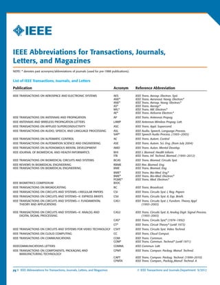 pg 1 IEEE Abbreviations for Transactions, Journals, Letters, and Magazines	 © IEEE Transactions and Journals Department 9/2012
IEEE Abbreviations for Transactions, Journals,
Letters, and Magazines
NOTE: * denotes past acronyms/abbreviations of journals (used for pre-1988 publications).
List of IEEE Transactions, Journals, and Letters
Publication 	 Acronym	 Reference Abbreviation
IEEE TRANSACTIONS ON AEROSPACE AND ELECTRONIC SYSTEMS 	 AES 	 IEEE Trans. Aerosp. Electron. Syst.
		 ANE* 	 IEEE Trans. Aeronaut. Navig. Electron.*
		 ANE* 	 IEEE Trans. Aerosp. Navig. Electron.*
		 AS* 	 IEEE Trans. Aerosp.*
		 MIL* 	 IEEE Trans. Mil. Electron.*
		 AE* 	 IEEE Trans. Airborne Electron.*
IEEE TRANSACTIONS ON ANTENNAS AND PROPAGATION 	 AP 	 IEEE Trans. Antennas Propag.
IEEE ANTENNAS AND WIRELESS PROPAGATION LETTERS 	 LAWP 	 IEEE Antennas Wireless Propag. Lett.
IEEE TRANSACTIONS ON APPLIED SUPERCONDUCTIVITY 	 ASC 	 IEEE Trans. Appl. Supercond.
IEEE TRANSACTIONS ON AUDIO, SPEECH, AND LANGUAGE PROCESSING 	 ASL 	 IEEE Audio, Speech, Language Process.
		 SAP* 	 IEEE Speech Audio Process. (1993−2005)
IEEE TRANSACTIONS ON AUTOMATIC CONTROL 	 AC 	 IEEE Trans. Autom. Control
IEEE TRANSACTIONS ON AUTOMATION SCIENCE AND ENGINEERING 	 ASE 	 IEEE Trans. Autom. Sci. Eng. (from July 2004)
IEEE TRANSACTIONS ON AUTONOMOUS MENTAL DEVELOPMENT 	 AMD 	 IEEE Trans. Auton. Mental Develop.
IEEE JOURNAL OF BIOMEDICAL AND HEALTH INFORMATICS 	 BHI 	 IEEE J. Biomed. Health Inform.
		 ITB 	 IEEE Trans. Inf. Technol. Biomed. (1995–2012)
IEEE TRANSACTIONS ON BIOMEDICAL CIRCUITS AND SYSTEMS 	 BCAS 	 IEEE Trans. Biomed. Circuits Syst.
IEEE REVIEWS IN BIOMEDICAL ENGINEERING 	 RBME 	 IEEE Rev. Biomed. Eng.
IEEE TRANSACTIONS ON BIOMEDICAL ENGINEERING 	 BME 	 IEEE Trans. Biomed. Eng.
		 BME* 	 IEEE Trans. Bio-Med. Eng.*
		 BME* 	 IEEE Trans. Bio-Med. Electron.*
		 PGME* 	 IEEE Trans. Med. Electron.*
IEEE BIOMETRICS COMPEDIUM	 BIOC
IEEE TRANSACTIONS ON BROADCASTING 	 BC 	 IEEE Trans. Broadcast.
IEEE TRANSACTIONS ON CIRCUITS AND SYSTEMS—I:REGULAR PAPERS 	 CSI	 IEEE Trans. Circuits Syst. I, Reg. Papers
IEEE TRANSACTIONS ON CIRCUITS AND SYSTEMS—II: EXPRESS BRIEFS 	 CSII 	 IEEE Trans. Circuits Syst. II, Exp. Briefs
IEEE TRANSACTIONS ON CIRCUITS AND SYSTEMS—I: FUNDAMENTAL 	 CAS1	 IEEE Trans. Circuits Syst. I, Fundam. Theory Appl
	 THEORY AND APPLICATIONS 	 		 (1993–2003)
	
IEEE TRANSACTIONS ON CIRCUITS AND SYSTEMS—II: ANALOG AND	 CAS2 	 IEEE Trans. Circuits Syst. II, Analog Digit. Signal Process.		
	 DIGITAL SIGNAL PROCESSING			 (1993–2003)
		 CAS* 	 IEEE Trans. Circuits Syst.* (1974–1992)
		 CT* 	 IEEE Trans. Circuit Theory* (until 1973)
IEEE TRANSACTIONS ON CIRCUITS AND SYSTEMS FOR VIDEO TECHNOLOGY 	 CSVT 	 IEEE Trans. Circuits Syst. Video Technol.
IEEE TRANSACTIONS ON CLOUD COMPUTING 	 CC 	 IEEE Trans. Cloud Comput.
IEEE TRANSACTIONS ON COMMUNICATIONS 	 COM 	 IEEE Trans. Commun.
		 COM* 	 IEEE Trans. Commun. Technol.* (until 1971)
IEEECOMMUNICATIONS LETTERS 	 COMML 	 IEEE Commun. Lett.
IEEE TRANSACTIONS ON COMPONENTS, PACKAGING AND	 CPMT	 IEEE Trans. Compon. Packag. Manuf. Technol.
	 MANUFACTURING TECHNOLOGY
		 CAPT 	 IEEE Trans. Compon. Packag. Technol. (1999–2010)
		 CPMTA 	 IEEE Trans. Compon., Packag.,Manuf. Technol. A
 