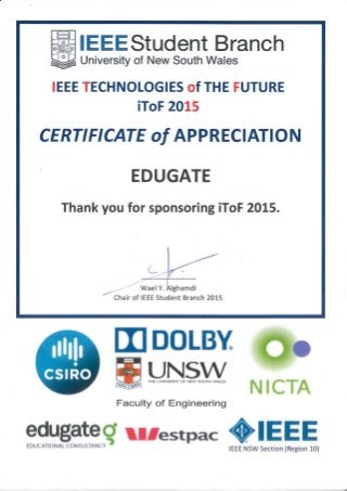 UNSW IEEE Certificate of Appreciation 2014 & 2015
