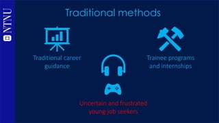 Traditional methods
Traditional career
guidance
Trainee programs
and internships
Uncertain and frustrated
young job seekers
 