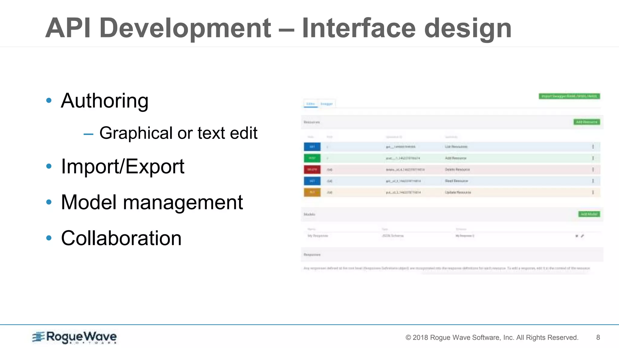 8© 2017 Rogue Wave Software, Inc. All Rights Reserved.© 2018 Rogue Wave Software, Inc. All Rights Reserved.
API Development – Interface design
• Authoring
– Graphical or text edit
• Import/Export
• Model management
• Collaboration
 