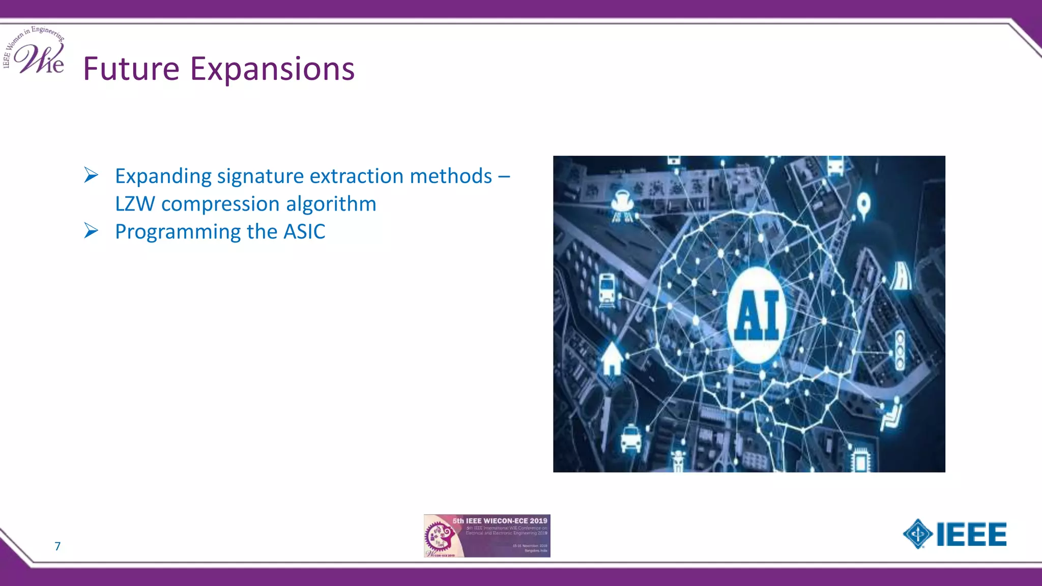 Future Expansions
7
 Expanding signature extraction methods –
LZW compression algorithm
 Programming the ASIC
 