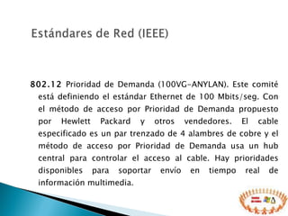 802.12  Prioridad de Demanda (100VG-ANYLAN). Este comité está definiendo el estándar Ethernet de 100 Mbits/seg. Con el método de acceso por Prioridad de Demanda propuesto por Hewlett Packard y otros vendedores. El cable especificado es un par trenzado de 4 alambres de cobre y el método de acceso por Prioridad de Demanda usa un hub central para controlar el acceso al cable. Hay prioridades disponibles para soportar envío en tiempo real de información multimedia. 