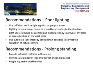 Recommendations – Poor lighting
• Use sufficient artificial lighting with proper placement
• Lighting in visual inspection...