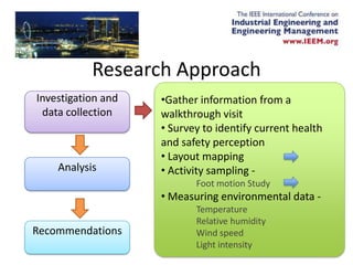 Research Approach
Investigation and   •Gather information from a
 data collection    walkthrough visit
                   ...