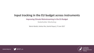 www.ieep.eu @IEEP_eu
Input tracking in the EU budget across instruments
Improving Climate Mainstreaming in the EU Budget
Stakeholder Workshop
Martin Nesbit, Andrea Illes, Kamila Paquel, 27 June 2017
 