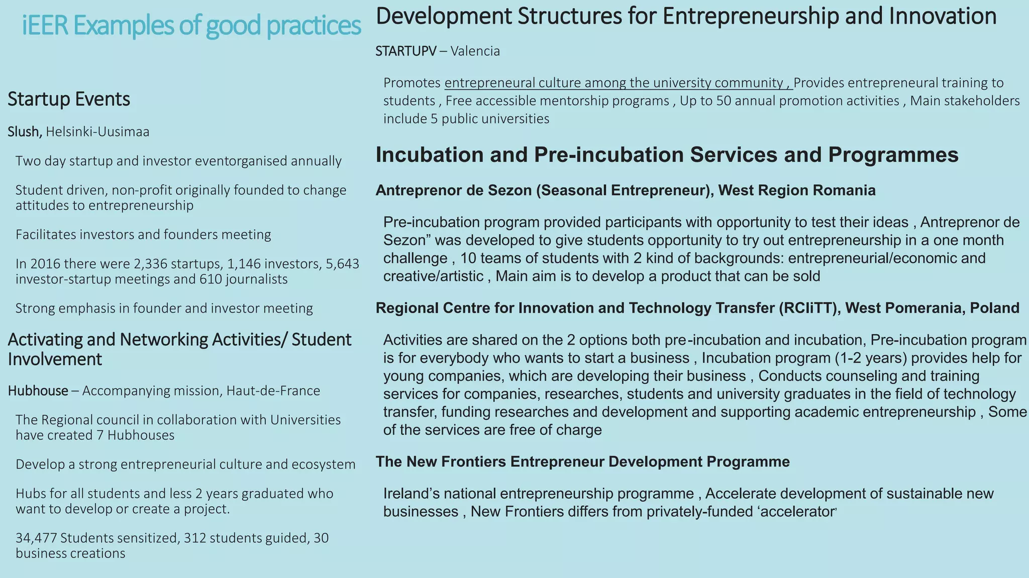 iEERExamplesofgoodpractices
Startup Events
Slush, Helsinki-Uusimaa
Two day startup and investor eventorganised annually
Student driven, non-profit originally founded to change
attitudes to entrepreneurship
Facilitates investors and founders meeting
In 2016 there were 2,336 startups, 1,146 investors, 5,643
investor-startup meetings and 610 journalists
Strong emphasis in founder and investor meeting
Activating and Networking Activities/ Student
Involvement
Hubhouse – Accompanying mission, Haut-de-France
The Regional council in collaboration with Universities
have created 7 Hubhouses
Develop a strong entrepreneurial culture and ecosystem
Hubs for all students and less 2 years graduated who
want to develop or create a project.
34,477 Students sensitized, 312 students guided, 30
business creations
Development Structures for Entrepreneurship and Innovation
STARTUPV – Valencia
Promotes entrepreneural culture among the university community , Provides entrepreneural training to
students , Free accessible mentorship programs , Up to 50 annual promotion activities , Main stakeholders
include 5 public universities
Incubation and Pre-incubation Services and Programmes
Antreprenor de Sezon (Seasonal Entrepreneur), West Region Romania
Pre-incubation program provided participants with opportunity to test their ideas , Antreprenor de
Sezon” was developed to give students opportunity to try out entrepreneurship in a one month
challenge , 10 teams of students with 2 kind of backgrounds: entrepreneurial/economic and
creative/artistic , Main aim is to develop a product that can be sold
Regional Centre for Innovation and Technology Transfer (RCIiTT), West Pomerania, Poland
Activities are shared on the 2 options both pre-incubation and incubation, Pre-incubation program
is for everybody who wants to start a business , Incubation program (1-2 years) provides help for
young companies, which are developing their business , Conducts counseling and training
services for companies, researches, students and university graduates in the field of technology
transfer, funding researches and development and supporting academic entrepreneurship , Some
of the services are free of charge
The New Frontiers Entrepreneur Development Programme
Ireland’s national entrepreneurship programme , Accelerate development of sustainable new
businesses , New Frontiers differs from privately-funded ‘accelerator’
 
