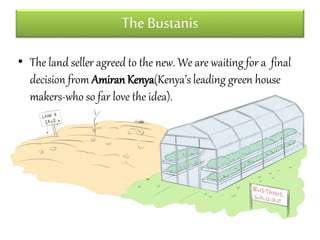 The Bustanis 
• The land seller agreed to the new. We are waiting for a final 
decision from Amiran Kenya(Kenya’s leading green house 
makers-who so far love the idea). 
 