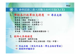 FCU

  四. 參與認證之最大困難及如何克服(1/2)

1. 學校各行政單位支持度           尋求支持
  會計室(經費預算…）
  教務處（課程、學程審核…）
  總務處（設備採購、空間整備…）
  國際處（國際交流、交換學生…）
  圖書館（圖書、期刊…）
  研發處（產學、技轉…）
  資訊處 （資訊系統、電腦軟硬體設備…)
    …
2. 教師之參與程度
  ─ 實施教學、輔導等活動
  ─ 教學與輔導紀錄、師生互動紀錄、問卷、評量…

    形成共識 （對系所未來、學生出路有幫助）
    與教師評鑑結合
 