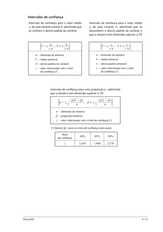 Prova 835	 6 / 6
Intervalos de confiança
Intervalo de confiança para o valor médio
m de uma variável normal X, admitindo que
se conhece o desvio padrão da variável
Intervalo de confiança para o valor médio
m de uma variável X, admitindo que se
desconhece o desvio padrão da variável e
que a amostra tem dimensão superior a 30
x x,z
n
z
n
v v- + ;E x x,z
n
s z
n
s- + ;E
n — dimensão da amostra
x — média amostral
v — desvio padrão da variável
z — valor relacionado com o nível
de confiança (*)
n — dimensão da amostra
x — média amostral
s — desvio padrão amostral
z — valor relacionado com o nível
de confiança (*)
Intervalo de confiança para uma proporção p, admitindo
que a amostra tem dimensão superior a 30
( )
,
( )
p z
n
p p
p z
n
p p1 1
-
-
+
-t
t t
t
t t
;E
n — dimensão da amostra
pt — proporção amostral
z — valor relacionado com o nível de confiança (*)
(*) Valores de z para os níveis de confiança mais usuais
Nível
de confiança
90% 95% 99%
z 1,645 1,960 2,576
 