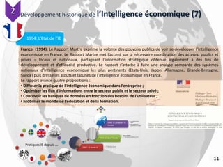 Développement historique de l’Intelligence économique (7)
1967 : IE année 0
• Harlod WILENSKY
• 1 ère définition de l’IE :
1972: IE dans l’école
• Steven DEDIJER
• 1 ère formation historique en IE
1990: IE conquiert le
monde
• Le rapport japan
2000
• Des entreprises
pionnières en france
11
Pratiques IE depuis …
1994: L’Etat de l’IE
France (1994): Le Rapport Martre exprime la volonté des pouvoirs publics de voir se développer l’intelligence
économique en France. Le Rapport Martre met l’accent sur la nécessaire coordination des acteurs, publics et
privés – locaux et nationaux, partageant l’information stratégique obtenue légalement à des fins de
développement et d’efficacité productive. Le rapport s’attache à faire une analyse comparée des systèmes
nationaux d’intelligence économique les plus pertinents (Etats-Unis, Japon, Allemagne, Grande-Bretagne,
Suède) puis dresse les atouts et lacunes de l’intelligence économique en France.
Le rapport avance quatre propositions :
• Diffuser la pratique de l’intelligence économique dans l’entreprise ;
• Optimiser les flux d’informations entre le secteur public et le secteur privé ;
• Concevoir les banques de données en fonction des besoins de l’utilisateur ;
• Mobiliser le monde de l’éducation et de la formation.
22
 