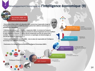 Développement historique de l’Intelligence économique (9)
1967 : IE année 0
• Harlod WILENSKY
• 1 ère définition de l’IE :
1972: IE dans l’école
• Steven DEDIJER
• 1 ère formation historique en IE
1990: IE conquiert le
monde
• Le rapport japan 2000
• Des entreprises pionnières en
france
1994: L’Etat de l’IE
• Publication du
rapport Martre
1996,1997,1998 : Les
formations se multiplient
• ICOMTEC
• Ecole de guerre économique
• National Defense University
14
Pratiques IE depuis …
les années 2000: les
affaires se multiplient
22
Nomination d'Alain Juillet le 31 décembre 2003, comme haut responsable chargé de
l’intelligence économique au SGDN (Secrétariat général de la défense nationale) par le
président de la République
Actions publiques (au 1er semestre 2009) : mise en place de responsables de l’intelligence
économique dans différents ministères .
Définition des secteurs dits « sensibles » (septembre 2005) : le ministre de l’Industrie
annonce en septembre 2005la publication prochaine du décret d’application de la loi modifiant
le code monétaire et financier. Ce décret devrait comprendre une liste de secteurs dits «
sensibles » (la presse cite les casinos, l'armement, la cryptologie, les biotechnologies, la
sécurité des systèmes d'information…).
Nomination d'un Délégué Interministériel à l'Intelligence Économique (2009 )
 