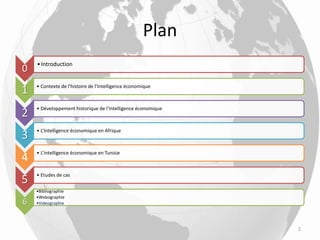 Plan
2
0
•Introduction
1 • Contexte de l’histoire de l’Intelligence économique
2
• Développement historique de l’Intelligence économique
3
• L’Intelligence économique en Afrique
4
• L’intelligence économique en Tunisie
5
• Etudes de cas
6
•Bibliographie
•Webographie
•Videographie
 
