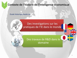 Contexte de l’histoire de l’Intelligence économique
4
Etude historique basée sur :
Des investigations sur les
pratiques de l’IE dans le monde
Des travaux de R&D dans le
domaine
1
 