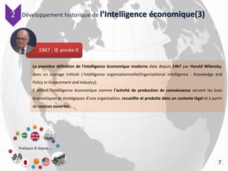 Développement historique de l’Intelligence économique(3)
1967 : IE année 0
7
Pratiques IE depuis …
La première définition de l'intelligence économique moderne date depuis 1967 par Harold Wilensky,
dans un ouvrage intitulé L'Intelligence organisationnelle(Organizational Intelligence : Knowledge and
Policy in Government and Industry).
Il définit l'intelligence économique comme l'activité de production de connaissance servant les buts
économiques et stratégiques d'une organisation, recueillie et produite dans un contexte légal et à partir
de sources ouvertes.
2
 