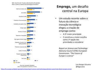 Emprego, um desafio 
central na Europa 
• Um estudo recente sobre o 
futura da ciência e 
inovação tecnológica 
elegeu a criação de 
emprego como: 
– A 2ª maior prioridade 
– E constituiu a maior escolha 
como 1ª opção das 
prioridades a considerar 
Report on Science and Technology 
Advisory Council (STAC) European 
Commission: "The Future of 
Europe is science" 
Luis Borges Gouveia 
@lbgouveia 
https://ec.europa.eu/digital-agenda/en/news/report-science-and-technology-advisory-council-stac-future-europe-science 
 