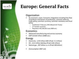 Europe: General Facts
  Organization
  •   An economic union: Economic integration including free flow
      of products and factors of production, common external
      trade policy, common currency, common monetary and fiscal
      policy
       –   Established 7 February 1992 (Maastricht Treaty)
       –   27 member countries
       –   Population 491,582,852 (July 2009 est.)
  Economics
  •   Advanced manufacturing and service economy
  •   GDP $14.82 trillion (2008 est.)
  Energy
  •   Electricity : 2.93 trillion kWh (Prod: 3.1 trillion)
  •   Oil : 14.4 million bbl/day (Prod:2.68 million)
  •   Natural gas : 497 billion cu m (Prod:198 billion)

  •   (Consumption 2007 est)
 