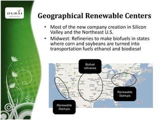 Geographical Renewable Centers
 • Most of the new company creation in Silicon
   Valley and the Northeast U.S.
 • Midwest: Refineries to make biofuels in states
   where corn and soybeans are turned into
   transportation fuels ethanol and biodiesel

                    Biofuel
                   refinaries




                                  Renewable
                                   Startups


      Renewable
       Startups
 