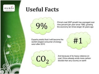 Useful Facts

       9%
                                 China's real GDP growth has averaged over
                                 nine percent per year since 1980, growing
                                 the economy ten times larger 30 years ago




  Experts predict that it will become the
  world's largest consumer of energy
  soon after 2010
                                                   #1

       CO2
                                  And because of its heavy reliance on
                                  coal, China already emits more carbon
                                  dioxide than any country on earth
 