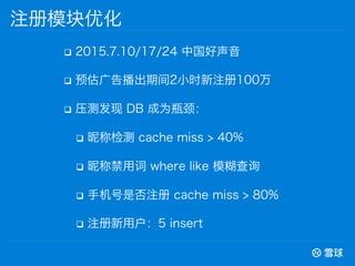 q? 2015.7.10/17/24 й
q? Ԥ沥ڼ2Сʱע100
q? ѹⷢ DB Ϊƿ
q? ǳƼ cache miss > 40%
q? ǳƽô where like ģѯ
q? ֻǷע cache miss > 80%
q? עû5 insert
עģŻ
 
