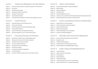 Chapter 7.1. Performance-Based Compensation: Designing Total Rewards to Drive Performance 
Chapter 7.2. Job Evaluation 
Chapter 7.3. Lean Organization Pay Design 
Chapter 7.4. Reengineering Production Incentive Plans 
Chapter 7.5. Presenting a Case at Arbitration 
Chapter 7.6. Compensation Administration 
Chapter 7.7. Case Study: Modern Labor Relations: The Role of Industrial Engineers and Unions 
Chapter 8.1. A Quantitative Approach to the Site Selection Process 
Chapter 8.2. Facilities Layout and Design 
Chapter 8.3. A Participatory Approach to Computer-Aided Workplace Design 
Chapter 8.4. Planning a Manufacturing Cell 
Chapter 8.5. Case Study: Relocating and Consolidating Plant Operations 
Chapter 8.6. Case Study: Changing from a Line to a Cellular Production System 
Chapter 9.1. Agile Production: Design Principles for Highly Adaptable Systems 
Chapter 9.2. Scheduling and Inventory Control of Manufacturing Systems 
Chapter 9.3. Supporting Lean Flow Production Strategies 
Chapter 9.4. Just-in-Time and Kanban Scheduling 
Chapter 9.5. Planning and Control of Service Operations 
Chapter 9.6. Demand Flow Technology 
Chapter 9.7. An Introduction to Supply Chain Management 
Chapter 9.8. Production Scheduling 
Chapter 9.9. Case Study: An Effective Production System for the Automotive Industry 
Chapter 10.1. Industrial Engineering Support for Materials Management 
Chapter 10.2. Material Handling 
Chapter 10.3. Warehouse Management 
Chapter 10.4. Distribution Systems 
Chapter 10.5. Inventory Management and Control 
Chapter 10.6. Case Study: Lessons Learned from Implementing a Paperless Warehouse Management System 
Chapter 10.7. Developing Engineered Labor Standards in a Distribution Center 
Chapter 11.1. Applied Statistics for the Industrial Engineer 
Chapter 11.2. Principles and Applications of Operations Research 
Chapter 11.3. Guide to Optimization Models 
Chapter 11.4. Applications of Queuing Theory 
Chapter 11.5. Simulation Methodology, Tools, and Applications 
Chapter 11.6. Case Study: Neural Network Applications 
Chapter 12.1. Bar Codes and Other Automated Data Collection Methods 
Chapter 12.2. Management of Data 
Chapter 12.3. Information Network Applications 
Chapter 12.4. Interfacing Technical IE Systems with Business Systems 
Chapter 12.5. Artificial Intelligence and Knowledge Management Systems 
Chapter 13.1. Product Development 
Chapter 13.2. Design for Manufacture and Assembly 
Chapter 13.3. Value Management 
Chapter 13.4. Quality Management 
Chapter 13.5. Complying with ISO 9000 
Chapter 13.6. The Role of Statistical Process Control in Improving Quality 
Chapter 13.7. World-Class Manufacturing – An Industrial Engineering View 
 
