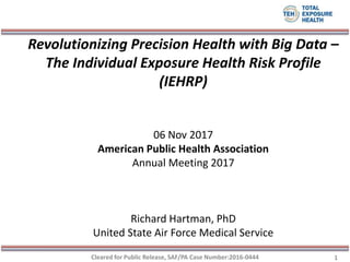 Revolutionizing Precision Health with Big Data –
The Individual Exposure Health Risk Profile
(IEHRP)
06 Nov 2017
American Public Health Association
Annual Meeting 2017
Richard Hartman, PhD
United State Air Force Medical Service
1Cleared for Public Release, SAF/PA Case Number:2016-0444
 