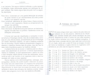 60 PULSOLOGIA
e seu paciente. Para alguns médicos ocidentais, o pulso apresen-
ta variações, todas relacionadas apenas com patologias de ori-
gem cardíaca. São citados alguns tipos de pulso com as seguin-
tes descrições:
Pulso fraco: ocasionado por uma grande diminuição da pressão
do pulso central ou por amortecimento da onda pulsátil
devido a um espasmo vascular.
Pulso paradoxal: alternância de pulsos fortes e fracos acompa-
nhando o ciclo respiratório. Devido ao armazenamento de
sangue nos pulmões.
Déficit de pulso: nas arritmias cardíacas.
Pulso alternante: há alternância de pulso forte em um batimento,
seguido de pulso fraco no próximo. Geralmente ocorre nas
dilatações ventriculares.
A forma com que são classificados e nomeados é muito
semelhante à Pulsologia oriental, mas não se desenvolveu como
essa em uma ciência própria, provavelmente por ter a Pulsologia
um caráter altamente subjetivo, ao qual a medicina ocidental
não se acomodou. Outros médicos provavelmente chegaram a
observar e classificar diversos tipos de pulsos, mas não Ihes foi
dada tanta importância quanto na medicina oriental.
A própria forma de se encarar a medicina pode ter influen-
ciado essa desatenção ao promover a intensa especialização
médica no Ocidente, na qual aparentemente o exame do pulso
e suas variações caberia apenas à área das cardiopatias, esque-
cendo-se que o ser humano é um organismo único e deve ser
estudado em todos os seus aspectos.
Outros exames como eletrocardiogramas, radiologia, ultra-
sonografias e demais não podem ajudar a descrever os pulsos.
Na Coréia teria sido desenvolvido um programa de computador
que usaria sensores colocados sobre as artérias radiais e que
diagnosticaria os vários tipos de pulsos de acordo com suas
variações e dentro dos princípios da medicina oriental. Infeliz-
mente, esse programa nunca teve sua existência difundida.
A TOMADA DO PULSO
Os textos antigos citam que o exame do pulso devia ser
realizado em um dia propício, referindo-se às influên-
cias celestiais obtidas pelo estudo astrológico de cada
paciente. Respeitava-se ainda o horário em que cada meridiano
. ,'" ou órgão interno estivesse com maior atividade energética. A
cada duas horas a energia vital do corpo está mais concentrada
em um órgão, sendo que a cada 24 horas as energias circulam
por todos os meridianos e órgãos internos no organismo confi-
gurando-se um ciclo total da seguinte maneira:
3 h às 5 h
das 5 h às 7 h
das 7 h às 9 h
das 9 h às 11 h
das 11 h às 13 h
das 13 h às 15 h
das 15 h às 17 h
das 17 h às 19 h
das 19 h às 21 h
das 21 h às 23 h
das 23 h à 1 h
da 1 h às 3 h
Horário do Tigre e dos pulmões
Horário do Gato e do intestino grosso
Horário do Dragão e do estômago
Horário da Serpente e do baço - pâncreas
Horário do Cavalo e do coração
Horário do Carneiro e do intestino delgado
Horário do Macaco e da bexiga
Horário do Galo e dos rins
Horário do Cão e da circulação-sexualidade
Horário do Javali e do triplo aquecedor
Horário do Rato e da vesícula biliar
Horário do Búfalo e do fígado
 