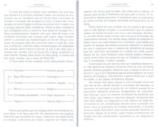 62 PULSOLOGIA
o ciclo das horas é iniciado pelo meridiano dos pulmões,
que também é o primeiro meridiano citado nos estudos de acu-
puntura, por se considerar que por ele se inicia o processo de
entrada e circulação das energias no corpo. A seguir são consi-
derados os outros órgãos e vísceras de acordo com o trajeto que
a energia percorre pelos meridianos. Todos os doze meridianos
são interligados entre si conforme seus pares de energias Yin e
Yang complementares, fazendo com que, além de haver uma
completa circulação das energias pelo corpo, estas também
sofram o processo de transformação de Yin em Yang e vice-
versa. As energias vitais (Ki) percorrem todo o corpo por meio
dos meridianos, sofrendo essas transformações de polaridade
que passam pelos braços e pernas, já que é por aqui que a
energia tem contato com as forças Yin e Yang, presentes no
meio exterior. Nossas mãos tocam os Céus (Yang) e nossos pés
são nosso contato com a força da Terra (Yin).
O fluxo assim se faz completo como demonstrado abaixo:
Pulmões . Intestino grosso ~
[
Baça-Pâncreas 4 Estômago 4
Coração ,Intestino delgado I
[
Rins 4 Bexiga ~
Circulação-sexualidade ~ Triplo aquecedor
Fígado t
~
Vesícula biliar t
Vemos pelo gráfico que as energias fluem de meridianos Yin
para Yang e de Yang para Yin. Se observarmos nos quadros
referentes aos meridianos no corpo, notaremos que dessa forma
as energias o percorrem por inteiro, seguindo um trajeto bem
A TOMADA DO PULSO 63
definido, do tronco para as mãos, das mãos para a cabeça, da
cabeça para os pés e finalmente dos pés para o tronco. O co-
nhecimento desses percursos é importante para os praticantes
de várias formas de terapias derivadas principalmente do Ki
Gong.
Numa época em que a saúde era um estado a ser preser-
vado, e não apenas corrigido, é compreensível que se pudesse'
realizar um estudo do pulso com hora e dia marcados. Entretan-
to, nos dias atuais, essas normas, além de pouco funcionais, são
praticamente inviáveis. Um similar desse método de avaliação do
estado futuro de cada indivíduo foi o biorritmo, uma tabela que
através de estudos aritméticos procurava descobrir os períodos
em que o organismo teria o máximo de deficiência de energia
para ser mais bem aproveitado ou cuidado por cada pessoa.
Depois de um certo modismo, esse método acabou desapare-
cendo como mais uma prova de que no Ocidente a prevenção
não é considerada o melhor remédio.
A prevenção de uma doença deve ser trabalhada diariamen-
te. Não adianta por exemplo tomarmos litros de suco de laranja
quando ficamos gripados. Sabemos que a laranja é rica em vi-
tamina C, que é um importante agente potencializador do nosso
sistema imunológico, mas devemos ingeri-Ia antes que a gripe
se instale, e não depois de ficarmos doentes.
Na maioria dos casos, devido a uma formação social em
que não se dá a devida atenção à prevenção das doenças, os
pacientes só procuram a ajuda de um médico quando já se
encontram realmente enfermos. Antigamente, em comunida-
des menores, como os médicos conheciam os pacientes que
iriam tratar, seus hábitos e costumes pessoais, tornava-se bem
mais fácil realizar um diagnóstico e até mesmo um tratamen-
to levando-se em consideração fatores como a posição dos
astros. Para os praticantes de terapias alternativas, a situação
torna-se ainda mais difícil, pois muitos pacientes somente os
procuram depois de já terem usado meios convencionais de
terapia que não apresentaram resultados ou um diagnóstico
definitivo.
 