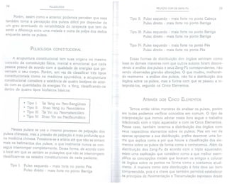 76 PULSOLOGIA
Porém, assim como a anterior, podemos perceber que essa
também torna a percepção dos pulsos difícil por depender de
um grau acentuado de sensibilidade do terapeuta que tem de
sentir a diferença entre uma metade e outra da polpa dos dedos
enquanto sente os pulsos.
PULSOLOGIA CONSTITUCIONAL
A acupuntura constitucional tem suas origens no mesmo
conceito da constituição física, mental e emocional que cada
pessoa possui de acordo com a qualidade de energias que go-
vernam o seu corpo. Porém, em vez de classificar três tipos
constitucionais como na medicina ayurvédica, a acupuntura
constitucional considera a existência de quatro biotipos de acor-
do com as quantidades de energias Yin e Yang, classificando-os
dentro de quatro tipos biofísicos básicos:
. Tipo I:
. Tipo 11:
. Tipo 111:
. Tipo IV:
Tai Yang ou Neo-Sangüíneo
Shao Yang ou Neocolérico
Tai Yin ou Neomelancólico
Shao Yin ou Neofleumático
Nesses pulsos se usa o mesmo processo de palpação dos
pulsos chineses, mas a pressão de palpação é mais profunda que
na medicin~ chinesa. Pressiona-se a artéria até que não se sintam
mais os batimentos dos pulsos, o que realmente nunca se con-
segue interromper completamente. Dessa forma, de acordo com
o local em que se sentem as pulsações que não se interrompem
classificam-se os estados constitucionais de cada paciente:
Tipo I: Pulso esquerdo - mais forte no ponto Pés
Pulso direito - mais forte no ponto Barriga
RELAÇÃO COM os ZANG-FU 77
Tipo 11: Pulso esquerdo - mais forte no ponto Cabeça
Pulso direito - mais forte no ponto Barriga
Tipo III: Pulso esquerdo - mais forte no ponto Barriga
Pulso direito - mais forte no ponto Barriga
Tipo IV:Pulso esquerdo - mais forte no ponto Pés
Pulso direito - mais forte no ponto Pés
Essas formas de distribuição dos órgãos serviram como
base às demais maneiras com que outros autores foram descre-
vendo a análise dos pulsos e seus Zang-Fu correspondentes, não
sendo observadas grandes alterações. O que mudou, melhoran-
do realmente a análise dos pulsos, não foi a distribuição dos
órgãos sobre os pulsos, mas a forma com que se passou a in-
terpretá-Ios, segundo os Cinco Elementos.
ATRAVÉS DOS CINCO ELEMENTOS
Temos então várias maneiras de analisar os pulsos, porém
em todas podemos verificar conceitos em comum. O tipo de
interpretação que iremos adotar neste livro segue o trabalho
relacionado com o triplo aquecedor e com os Cinco Elementos.
Nesse caso, também teremos a distribuição dos órgãos com
seus respectivos elementos sobre os pulsos. Mas em vez de
apenas apresentar a sua distribuição, prefiro descrever uma for-
ma que explica como e por que houve a classificação dos ele-
mentos sobre os pulsos da forma como a conhecemos. Além da
distribuição dos Zang-Fu de acordo com o triplo aquecedor,
existe uma explicação que considero como a que melhor exem-
plifica as concepções iniciais que levaram os antigos a colocar
os órgãos sobre os pontos na forma como a aceitamos atual-
mente. A maneira como esta distribuição é feita deve ser bem
compreendida, pois é a chave que também permitirá estabelecer
os princípios de Movimentação e Transmutação expressos desde
 