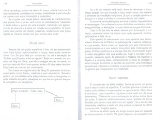 136 PULSOLOGIA
olhos vermelhos, dores nos lados do corpo, ruídos como os do
mar (acúfenos), zumbidos ou surdez, irritabilidade e perturbação
da mente com sono intranqüilo e pesadelos.
Se o pulso em corda estiver associado às características
dos pulsos fino e tenso, será como se estivéssemos "passando
o dedo sobre o gume de uma espada", indicando um agrava-
mento da doença e a piora em relação ao prognóstico. O pulso
neste caso parece ser rápido, passando rapidamente pela polpa
digital ao mesmo tempo em que ondula pelo dedo.
PULSO MOLE
Trata-se de um pulso superficial e fino. Ao ser pressionado
com mais força, aprofundando o toque, esse pulso torna-se
como "um fio que está por romper-se" ou dá a sensação de
"bolhas que flutuam sobre as águas". Pode ser causado por um
vazio de Jing ou Hsue, que não consegue encher os vasos, ou
por um vazio de Ki e Hsue quando então o Ki dos vasos não tem
força para se manter em movimento.
Nos casos de esgotamento de Yang Ki, aparecem sintomas
associados como febres, calafrios e suor abundante. Também
podem ser percebidos após enfermidades muito prolongadas ou
após trabalho de parto, situações em que há um grande desgas-
te energético ou sangüÍneo.
I Fogo: Coração - Pulso vazio I~
I Terra I
I Água I
VARIAÇÓES BÁSICAS 137
Se o Ki do coração está vazio, deixa de alimentar o baço.
Nesse estado, em que coração e baço estão vazios, fica afetada
a atividade da circulação sangüínea, já que o coração governa o
sangue e o baço o produz e conserva dentro dos vasos.
O paciente sente palpitações, amnésia, insônia, fraqueza física
e hemorragias. Em mulheres ocorrem distúrbios menstruais, como
irregularidades ou alterações na quantidade de sangue eliminado.
Caso o Ki dos rins se eleve, atacará por dominação o co-
ração, causando temor na mente sem razão aparente, insônia,
palpitações e falta de ar.
Este quadro foi relacionado com uma paciente que desen-
volvera Síndrome do Pânico na patologia da medicina ocidental,
e cujo estado clínico pode ser explicado por este mecanismo,
comprovando-se o seu estado energético pela observação do
pulso. O Shen está fraco e a energia vital dos rins tentando suprir
o vazio energético mas que acaba por lesar o coração enfra-
quecido, deixando assim de alimentar a Madeira, em especial o
fígado e a vesícula biliar, enfraquecendo a força de vontade e
determinação do doente no sentido de encontrar uma motivação
pessoal que o levasse a erradicar os pensamentos e as emoções
negativas que bloqueavam sua vitalidade.
PULSO DISPERSO
É considerado de difícil análise. Sente-se como um pulso
que é vazio e cheio na superfície. É confuso procurar o pulso em
maior profundidade e imperceptível ao aprofundá-Io. Além disso
é arrítmico, com intervalos regulares entre cada um de seus
batimentos. Trata-se de uma combinação de vários outros tipos
de pulso. É descrito tradicionalmente como "pétalas de flores
levadas pelo vento e que caem em um regato". Se o estudo das
descrições relativas a cada um dos pulsos já parecia de difícil
compreensão, imagine agora.
As flores se abrem após um longo inverno para em seguida
se desprenderem e caírem. No pulso disperso, as pulsações são
 