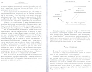 140 PULSOLOGIA
quando o elevamos em direção à superfície. Contudo, mais pró-
ximo à superfície o perdemos, devendo aprofundar o dedo para
poder senti-Io novamente.
Indica um momento de transição em que um quadro Yin
adquire características Yang ou em que as energias aprofunda-
das se exteriorizam. Como quando o frio se aquece ou o vazio
adquire plenitude. Pode estar dessa forma presente nas Síndro-
mes Biao-Li (Superfície - Profundidade), em que não há predo-
mínio absoluto das energias em superfície ou em profundidade.
Quando o Kicorreto domina, há febre. Mas se o Kiincorreto
prevalecer, encontra-se um quadro febril alternando-se com cala-
frios. A energia de defesa enfraquecida não consegue controlar a
transformação das energias que se modificam constantemente.
Em mulheres na época pré-menstrual, ocorre um acúmulo
de energia Yin nos rins, que se manifesta no aumento da quan-
tidade de sangue no útero. Essa energia é controlada pelo fíga-
do, que é o órgão responsável pelo armazenamento do sangue
no corpo. Se devido a um processo energético ocorrer um ex-
cesso de energia que se acumula no fígado, essa manifesta a
energia emocional relacionada a Madeira, que é a raiva, exterior-
mente fazendo com que as mulheres fiquem mais agitadas e
irritadiças. Muitas pacientes referem que nesta época se sentem
angustiadas e deprimidas "por dentro", e que isso acaba levan-
do-as a uma reação de agitação que se manifesta fisicamente,
exteriorizando sua ansiedade. Esse é um componente bem
conhecido em termos médicos no Ocidente como a Síndrome
da Tensão Pré-Menstrual, ou simplesmente como TPM.
Mais do que isso, a exteriorização de um componente
emocional interior representa exatamente a transição do quadro
Biao-Li (Superfície-Profundidade) citado anteriormente como
associado ao pulso em gancho.
VARIAÇÓES BÁSICAS 141
~
Madeira I
~I
Fogo:
Yang - Calor
.~
.'
~
Água - Yin: Pulso em gancho
Contudo, ao perder a energia de sangue no útero na mens-
truação essa paciente pode ter parte dessa energia Yin armaze-
nada em Água vindo a agredir o elemento Fogo, gerando calor
na "Morada do Shen", o que ocasiona quadros associados de
insônia e um sintoma descrito como confusão mental, em que
a paciente se sente confusa, como se os pensamentos "estives-
sem todos fora de ordem dentro de sua cabeça".
PULSO ACELERADO
É como "o reuoar de um bando de pássaros".
Considera-se um pulso como acelerado quando se contam
mais de seis batimentos por ciclo respiratório.
Presentes nos grandes excessos de Yang, em que esta ener-
gia, por estar relacionada com o movimento, causa um aumento
do trânsito das energias e do sangue pelos vasos e meridianos.
Entretanto, esse pode ser também um quadro de falso excesso
de Yang causado por uma grande deficiência de Yin, sendo que
nesse caso pode ser um sinal de um quadro de prognóstico
extremamente negativo em que o Yin está muito esgotado e o
Yang saindo do corpo.
 