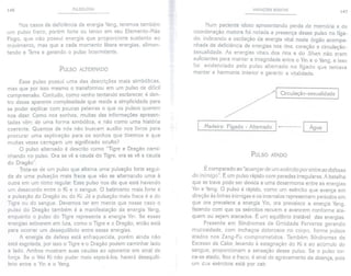 146 PULSOLOGIA VARIAÇÓESBÁSICAS 147
Nos casos de deficiência da energia Yang, teremos também
um pulso fraco, porém forte ou tenso em seu Elemento-Mãe
Fogo, que não possui energia que proporcione sustento ao
movimento, mas que a cada momento libera energias, alimen-
tando a Terra e gerando o pulso Intermitente.
PULSO ALTERNADO
Num paciente idoso apresentando perda de memória e de
coordenação motora foi notada a presença desse pulso no fíga-
do, indicando a oscilação da energia vital neste órgão acompa-
nhada de deficiência de energias nos rins, coração e circulação-
sexualidade. As energias vitais dos rins e do Shen não eram
suficientes para manter a integridade entre o Yin e o Yang, e isso
foi evidenciado pelo pulso alternado no fígado que tentava
manter a harmonia interior e garantir a vitalidade.
Esse pulso possui uma das descrições mais simbólicas,
mas que por isso mesmo o transformou em um pulso de difícil
compreensão. Contudo, como venho tentando esclarecer, é den-
tro dessa aparente complexidade que reside a simplicidade para
se poder explicar com poucas palavras o que os pulsos querem
nos dizer. Como nos sonhos, muitas das informações apresen-
tadas vêm de uma forma simbólica, e não como uma história
coerente. Quantos de nós não buscam auxílio nos livros para
procurar uma explicação para os sonhos que tivemos e que
muitas vezes carregam um significado oculto?
O pulso alternado é descrito como "Tigre e Dragão cami-
nhando no pulso. Ora se vê a cauda do Tigre, ora se vê a cauda
do Dragão".
Trata-se de um pulso que alterna uma pulsação forte segui-
da de uma pulsação mais fraca que vão se alternando uma à
outra em um ritmo regular. Esse pulso nos diz que está havendo
um desacordo entre o Ki e o sangue. O batimento mais forte é
a pulsação do Dragão ou do Ki. Já a pulsação mais fraca é a do
Tigre ou do sangue. Devemos ter em mente que nesse caso o
pulso do Dragão também é a manifestação da energia Yang,
enquanto o pulso do Tigre representa a energia Yin. Se essas
energias estiverem em luta, como o Tigre e o Dragão, então está
para ocorrer um desequilíbrio entre essas energias.
A energia de defesa está enfraquecida, porém ainda não
está esgotada, por isso o Tigre e o Dragão podem caminhar lado
a lado. Ambos mostram suas caudas ao oponente em sinal de
força. Se o Wei Ki não puder mais separá-Ias, haverá desequilí-
brio entre o Yin e o Yang.
_/"
[
/-/-/--//
///--////
Circulação-sexualidade I
Madeira: Fígado - Alternado /,, 1 Água I
PULSO ATADO
É comparado ao "auançar de um exército por entre as defesas
do inimigo". É um pulso rápido com paradas irregulares. A batalha
que se trava pode ser devida a uma desarmonia entre as energias
Yin e Yang. O pulso é rápido, como um exército que avança em
direção às linhas inimigas e os intervalos representam períodos em
que ora prevalece a energia Yin, ora prevalece a energia Yang,
fazendo com que os exércitos recuem e avancem conforme ata-
quem ou sejam atacados. É um equilíbrio instável das energias.
Presente em Síndromes de Umidade Perversa gerando
mucosidade, com inchaços dolorosos no corpo, forma pulsos
atados nos Zang-Fu comprometidos. Também Síndromes de
Excessode Calor, levando à estagnação do Ki e ao acúmulo do
sangue, proporcionam a sensação desse pulso. Se o pulso tor-
na-se atado, fino e fraco, é sinal de agravamento da doença, pois
um dos exércitos está por cair.
 