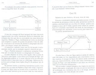 152 PULSOLOGIA
Na avaliação dos pulsos realizada nesta paciente, encontra-
mos os seguintes tipos de pulsos:
~ I Fogo Cheio I~
I Madeira: Amplo I
I Terra I
1
I Água: Disperso I I Metal I
o fato de a energia de Hsue (sangue) não estar descendo
regularmente nos ciclos menstruais deve-se à dispersão das
energias dos rins que vão se acumulando nos seus elementos
seguintes, Madeira e Fogo, manifestando-se como os sintomas
que compõem o quadro de queixas da paciente. A dor de cabe-
ça, o torcicolo e as tonturas são devidos à estagnação das ener-
gias e do sangue nesses dois elementos.
O tratamento realizado nesse caso foi de sangria e vento-
saterapia, sendo que na avaliação seguinte observou-se que:
Fogo e Madeira passaram a apresentar pulsações fortes,
mas sem os sinais de excesso ou estagnação de energia.
O pulso disperso se tornou mais regular, mas o pulso de
Terra ficou mais rápido, o que indica que a energia de Fogo que
foi dispersada poderia vir a causar alguma forma de alteração
indevida sobre o baço-pâncreas ou o estômago. Aplicou-se acu-
puntura para proteger esses órgãos Zang-Fu de qualquer tipo de
agressão.
No primeiro retorno, a paciente já apresentava quadro mais
estável com os pulsos de Madeira e Fogo mais fortes e regulares.
O pulso em Água havia se tornado tenso e superficial. As ener-
gias sobre esse elemento já se tornavam cada vez mais estáveis.
CASOS CLíNICOS 153
A paciente disse que as dores de cabeça estavam menos inten-
sas e que duravam menos tempo.
CASO III:
Paciente do sexo feminino, 44 anos, dona de casa.
Procurou o ambulatório dizendo que todos os anos, no final
do período da primavera e início do verão, apresentava queda de
cabelos, acompanhada por pruridos na cabeça, quadro que
chegava a durar até 5 meses, quando então voltava ao norma!.
Após ter consultado especialistas das áreas de dermatologia e
endocrinologia sem resultados, procurou-nos para tratamento.
Os pulsos apresentavam-se:
o pulso fraco e fino em Água explica a perda de cabelos,
pois nele estão os rins, responsáveis pelo crescimento e força
dos mesmos. A energia de Água não 'estaria sendo suficiente
para seu desenvolvimento, sendo além disso dominada pela
energia de Fogo, que está excessiva e que ataca seu elemento
Neta que se encontra enfraquecido.
Para se avaliar o estado energético dos órgãos do elemento
Água é feita apenas a aplicação de moxa em pontos específicos
de tonificação dos meridianos dos rins e da bexiga, sendo a
seguir realizada uma nova aferição dos pulsos:
/ I Fogo Oco e;perficiall
Madeira: Cheio I / / Terra
1
/
/
,/
I Água: Fraco e Fino I
Metal
 