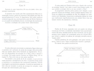 156 PULSOLOGIA
CASO V:
Paciente do sexo masculino, 80 anos de idade, viúvo, apo-
sentado (carpintaria).
O paciente veio trazido pelo filho apresentando falta de co-
ordenação motora, perda de memória e dificuldade para falar há
aproximadamente 5 anos. O diagnóstico feito pela medicina
ocidental segundo seu acompanhante seria de Mal de Alzheimer,
ou um quadro de senilidade precoce, de etiologia não esclarecida.
Durante a avaliação dos pulsos foram determinados:
~I
I Madeira: Atado I
Fogo, Fraco I ~
Terra
1
I Água: Alternado I
Metal
O pulso alternado encontrado no elemento Água indica que
o paciente vem sofrendo de perda da energia vital primordial,
mas que apesar disso vinha resistindo ao esgotamento. Há po-
rém um desequilíbrio de energias Yin e Yang, entre o sangue e
a energia. Ora estão sendo nutridos os órgãos Zang, ora os
órgãos Fu. Mas entre eles já não existe equilíbrio.
Há também uma perda de Ki do coração, o que provoca
nesse paciente o esvaziamento do Shen. O paciente então perde
a memória e a consciência dos momentos presentes, ficando
mais ligado a pensamentos passados. A perda da capacidade de
falar deve-se também à perda de energia do coração, cujas
energias são exteriorizadas pela língua.
CASOS CLíNICOS 157
O pulso atado em Madeira indica que o fígado não controla
as energias, ficando "sem saber a quem deve prestar auxílio. Ao
que contém a energia vital ou ao que contém o Shen".
O prognóstico descrito pelos pulsos com relação a esse
paciente mostrou-se limitado, sendo possível apenas tentar me-
lhorar ao máximo sua qualidade de vida. Foi realizado um trata-
mento com fitoterapia, acupuntura e aplicações diárias de moxa
que melhoraram significativamente seu estado físico mas seu
estado mental não apresentou melhoras.
CASO VI:
Mulher de 35 anos, separada, com um quadro de cólicas
menstruais de forte a moderada intensidade havia aproximada-
mente três anos, sentidas antes do fluxo menstrual, que se apre-
sentava como regular, em quantidade acima do normal (SIC),
que tinham o aspecto de placas de coloração vermelho-escuro,
"quase preto".
História obstétrica de uma gestação, com parto normal, a
termo, havia 5 anos. Nega complicações durante a gestação.
No estudo dos pulsos encontrou-se:
I
, 1
Agua + Metal
I Fogo:em Pedra e Lento I
/
Madeira
I Terra:Liso I
 