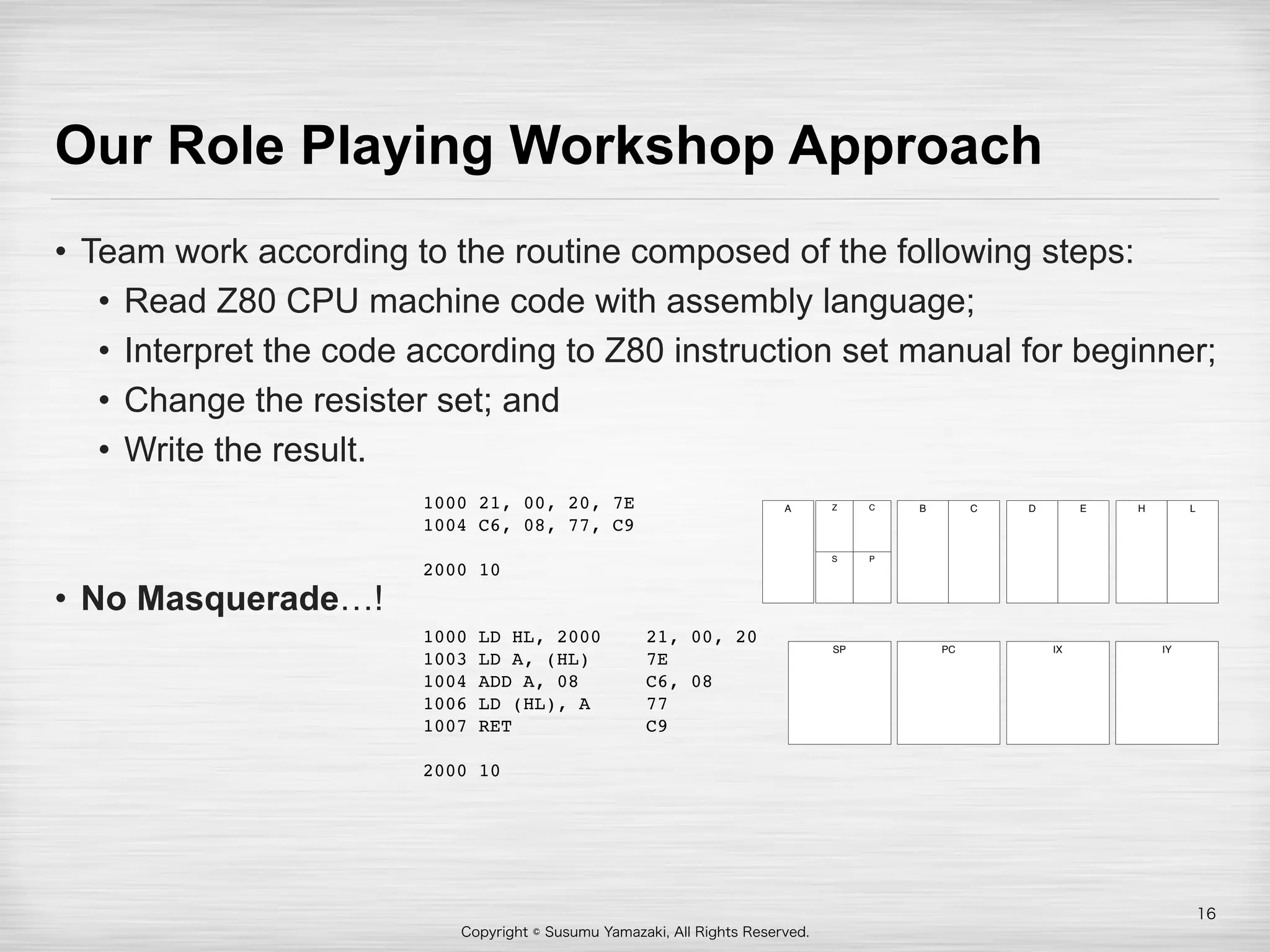 Copyright © Susumu Yamazaki, All Rights Reserved.
Our Role Playing Workshop Approach
• Team work according to the routine composed of the following steps:
• Read Z80 CPU machine code with assembly language;
• Interpret the code according to Z80 instruction set manual for beginner;
• Change the resister set; and
• Write the result.
• No Masquerade…!
16
A B C D E H LZ C
S P
IX IYSP PC
1000 21, 00, 20, 7E
1004 C6, 08, 77, C9
2000 10
1000 LD HL, 2000 21, 00, 20
1003 LD A, (HL) 7E
1004 ADD A, 08 C6, 08
1006 LD (HL), A 77
1007 RET C9
2000 10
 