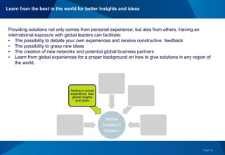 Page 15
+ Global Experience &
Networking
+Technological Savvy &
Creativity
+Passion
= Strengths & Opportunities Mobile
Industry´s
Solution
Adding to actual
experience, new
global insights
and ideas
Providing solutions not only comes from personal experience; but also from others. Having an
international exposure with global leaders can facilitate:
• The possibility to debate your own experiences and receive constructive feedback
• The possibility to grasp new ideas
• The creation of new networks and potential global business partners
• Learn from global experiences for a proper background on how to give solutions in any region of
the world.
Learn from the best in the world for better insights and ideas
 