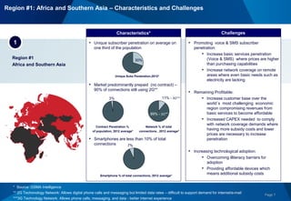 Page 7
Region #1
Africa and Southern Asia
Characteristics*
1 • Unique subscriber penetration on average on
one third of the population
• Market predominantly prepaid (no contract) –
90% of connections still using 2G**
• Smartphones are less than 10% of total
connections
• Promoting voice & SMS subscriber
penetration:
• Increase basic services penetration
(Voice & SMS) where prices are higher
than purchasing capabilities
• Increase network coverage on remote
areas where even basic needs such as
electricity are lacking
• Remaining Profitable:
• Increase customer base over the
world´s most challenging economic
region compromising revenues from
basic services to become affordable
• Increased CAPEX needed to comply
with network coverage demands where
having more subsidy costs and lower
prices are necessary to increase
penetration
• Increasing technological adoption:
• Overcoming illiteracy barriers for
adoption
• Providing affordable devices which
means additional subsidy costs
Challenges
30%
Unique Subs Penetration,2012*
7%
Smartphone % of total connections, 2012 average*
3%
Contract Penetration %
of population, 2012 average*
Network % of total
connections , 2012 average*
* Source: GSMA Intelligence
** 2G Techonology Network: Allows digital phone calls and messaging but limited data rates – difficult to support demand for internet/e-mail
***3G Technology Network: Allows phone calls, messaging, and data - better internet experience
89% - 2G**
11% - 3G***
Region #1: Africa and Southern Asia – Characteristics and Challenges
 