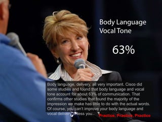 Body language, delivery, all very important. Cisco did
some studies and found that body language and vocal
tone account for about 63% of communication. That
confirms other studies that found the majority of the
impression we make has little to do with the actual words.
Of course, you can‘t improve your body language and
vocal delivery unless www.shapiramarketing.com Practice
                      you.. Practice, Practice,
 