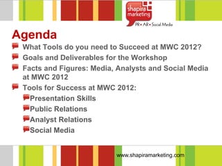 Agenda
 What Tools do you need to Succeed at MWC 2012?
 Goals and Deliverables for the Workshop
 Facts and Figures: Media, Analysts and Social Media
 at MWC 2012
 Tools for Success at MWC 2012:
   Presentation Skills
   Public Relations
   Analyst Relations
   Social Media


                          www.shapiramarketing.com
 