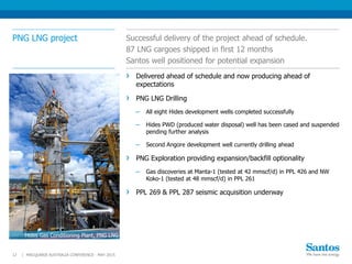 PNG LNG project Successful delivery of the project ahead of schedule.
87 LNG cargoes shipped in first 12 months
Santos well positioned for potential expansion
MACQUARIE AUSTRALIA CONFERENCE - MAY 201512 |
Delivered ahead of schedule and now producing ahead of
expectations
PNG LNG Drilling
─ All eight Hides development wells completed successfully
─ Hides PWD (produced water disposal) well has been cased and suspended
pending further analysis
─ Second Angore development well currently drilling ahead
PNG Exploration providing expansion/backfill optionality
─ Gas discoveries at Manta-1 (tested at 42 mmscf/d) in PPL 426 and NW
Koko-1 (tested at 48 mmscf/d) in PPL 261
PPL 269 & PPL 287 seismic acquisition underway
Hides Gas Conditioning Plant, PNG LNG
 