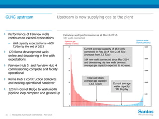 GLNG upstream
Performance of Fairview wells
continues to exceed expectations
─ Well capacity expected to be ~600
TJ/day by the end of 2015
120 Roma development wells
online and dewatering in line with
expectations
Fairview Hub 5 and Fairview Hub 4
commissioning complete and facility
operational
Roma Hub 2 construction complete
and nearing operational handover
120 km Comet Ridge to Wallumbilla
pipeline loop complete and gassed up
Upstream is now supplying gas to the plant
MACQUARIE AUSTRALIA CONFERENCE - MAY 201516 |
Fairview well performance as at March 2015
347 wells connected
Optimum gas
capacity (TJ/day)
Optimum water
capacity (bbl/day)
Current average
water capacity
372 bbl/day
Total well stock
average gas capacity
1.63 TJ/day
Current average capacity of 183 wells
connected in May 2014 now 2.38 TJ/d
(increase from 2.2 TJ/d)
164 new wells connected since May 2014
and dewatering. As new wells dewater,
average gas capacity expected to increase.
 