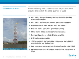 GLNG downstream Commissioning well underway and expect first LNG
around the end of the third quarter of 2015
MACQUARIE AUSTRALIA CONFERENCE - MAY 201518 |
LNG Train 1 piping and cabling nearing completion with loop
testing well advanced
LNG Train 2 piping installation and cable pulling underway
Gas introduced to plant in March 2015 and flare lit
First two Train 1 gas turbine generators running
Other Train 1 utilities commissioned and operating
Drying and purging of both LNG tanks complete
LNG loading jetty complete
107 Santos GLNG staff embedded in integrated Bechtel/GLNG
commissioning and start-up team
QGC interconnects complete with first gas flowed in March 2015
Expect to deliver first LNG around the end of the third quarter of
2015
GLNG flare stack, Curtis Island, March 2015
 