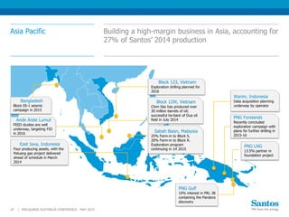 Asia Pacific Building a high-margin business in Asia, accounting for
27% of Santos’ 2014 production
MACQUARIE AUSTRALIA CONFERENCE - MAY 201524 |
Bangladesh
Block SS-1 seismic
campaign in 2015
Ande Ande Lumut
FEED studies are well
underway, targeting FID
in 2016
Block 123, Vietnam
Exploration drilling planned for
2016
Block 12W, Vietnam
Chim Sào has produced over
30 million barrels of oil;
successful tie-back of Dua oil
field in July 2014
East Java, Indonesia
Four producing assets, with the
Peluang gas project delivered
ahead of schedule in March
2014
PNG LNG
13.5% partner in
foundation project
PNG Gulf
10% interest in PRL 38
containing the Pandora
discovery
Sabah Basin, Malaysia
25% Farm-in to Block S.
20% Farm-in to Block R.
Exploration program
continuing in 1H 2015
PNG Forelands
Recently concluded
exploration campaign with
plans for further drilling in
2015-16
Warim, Indonesia
Data acquisition planning
underway by operator
 