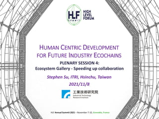 MODIFIEZ LE STYLE DU TITRE
0
HLF Annual Summit 2021 – November 7-10, Grenoble, France
HUMAN CENTRIC DEVELOPMENT
FOR FUTURE INDUSTRY ECOCHAINS
PLENARY SESSION 4:
Ecosystem Gallery - Speeding up collaboration
Stephen Su, ITRI, Hsinchu, Taiwan
2021/11/8
joycehsu01112023/07/11 12:20
 