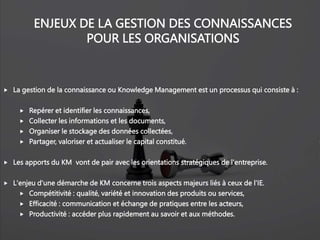 ENJEUX DE LA GESTION DES CONNAISSANCES
POUR LES ORGANISATIONS
 La gestion de la connaissance ou Knowledge Management est un processus qui consiste à :
 Repérer et identifier les connaissances,
 Collecter les informations et les documents,
 Organiser le stockage des données collectées,
 Partager, valoriser et actualiser le capital constitué.
 Les apports du KM vont de pair avec les orientations stratégiques de l'entreprise.
 L'enjeu d'une démarche de KM concerne trois aspects majeurs liés à ceux de l’IE.
 Compétitivité : qualité, variété et innovation des produits ou services,
 Efficacité : communication et échange de pratiques entre les acteurs,
 Productivité : accéder plus rapidement au savoir et aux méthodes.
 