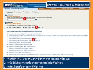 1. พิมพ์คำาเพียงบางส่วนจากชื่อวารสาร และคลิกปุ่ม Go
2. หรือไล่เรียงดูรายชื่อวารสารตามลำาดับตัวอักษร
3. คลิกเลือกชื่อวารสารที่ต้องการ
1
2
3
Browse : Journals & MagazinesBrowse : Journals & MagazinesBrowse : Journals & MagazinesBrowse : Journals & Magazines
 