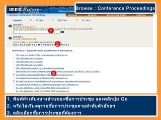1. พิมพ์คำาเพียงบางส่วนของชื่อการประชุม และคลิกปุ่ม Go
2. หรือไล่เรียงดูรายชื่อการประชุมตามลำาดับตัวอักษร
3. คลิกเลือกชื่อการประชุมที่ต้องการ
Browse : Conference ProceedingsBrowse : Conference ProceedingsBrowse : Conference ProceedingsBrowse : Conference Proceedings
1
2
3
 