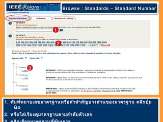 1. พิมพ์หมายเลขมาตรฐานหรือคำาสำาคัญบางส่วนของมาตรฐาน คลิกปุ่ม
Go
2. หรือไล่เรียงดูมาตรฐานตามลำาดับตัวเลข
Browse : Standards – Standard NumberBrowse : Standards – Standard NumberBrowse : Standards – Standard NumberBrowse : Standards – Standard Number
1
2
3
 