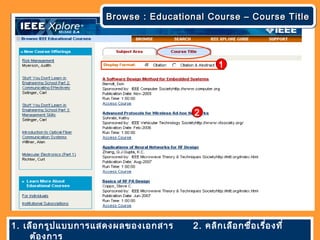 Browse : Educational Course – Course TitleBrowse : Educational Course – Course TitleBrowse : Educational Course – Course TitleBrowse : Educational Course – Course Title
1. เลือกรูปแบบการแสดงผลของเอกสาร 2. คลิกเลือกชื่อเรื่องที่
ต้องการ
2
1
 